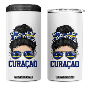 Curacao Soccer Messy Bun Girl 4 in 1 Can Cooler Tumbler Proud Curacaoan Heritage Gift