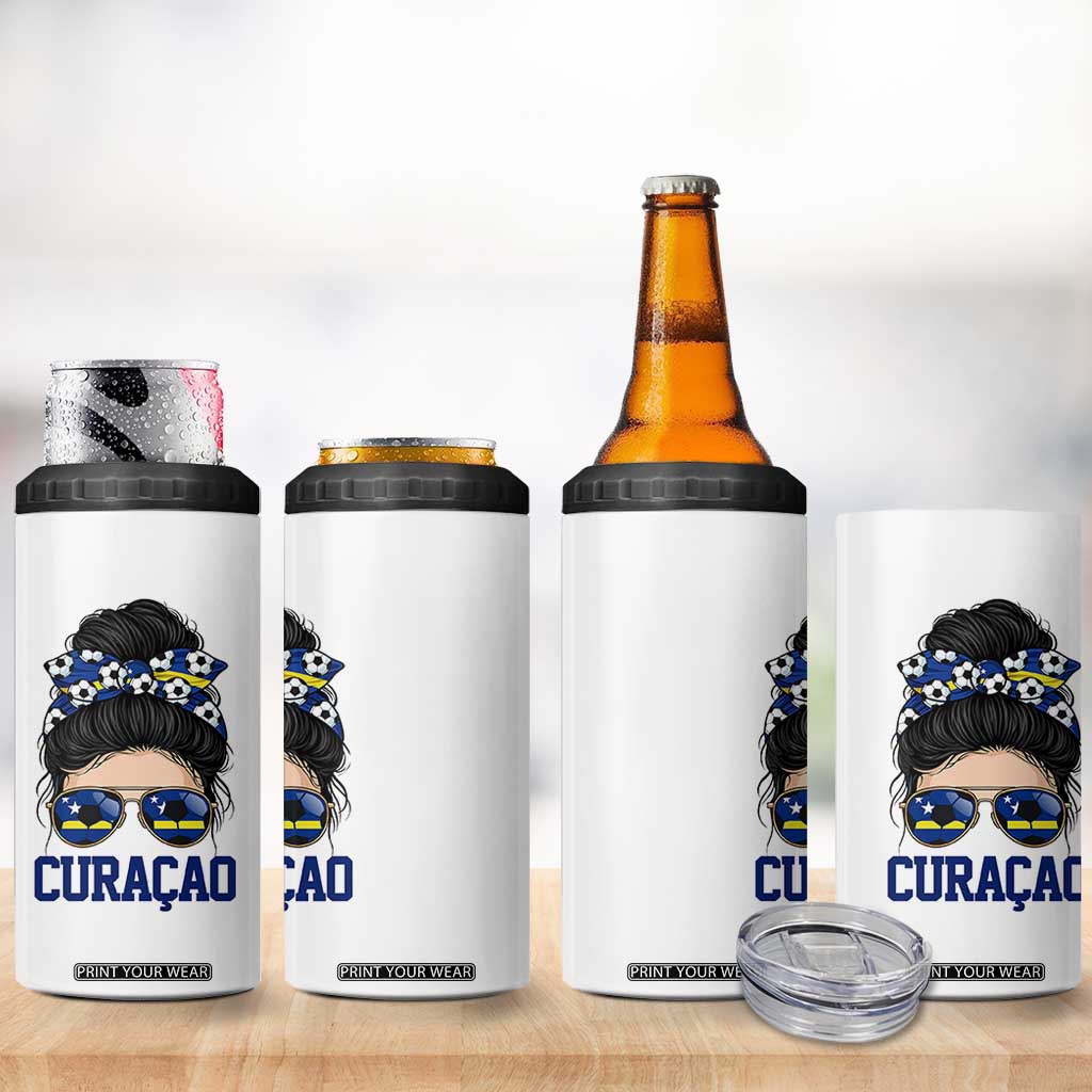 Curacao Soccer Messy Bun Girl 4 in 1 Can Cooler Tumbler Proud Curacaoan Heritage Gift