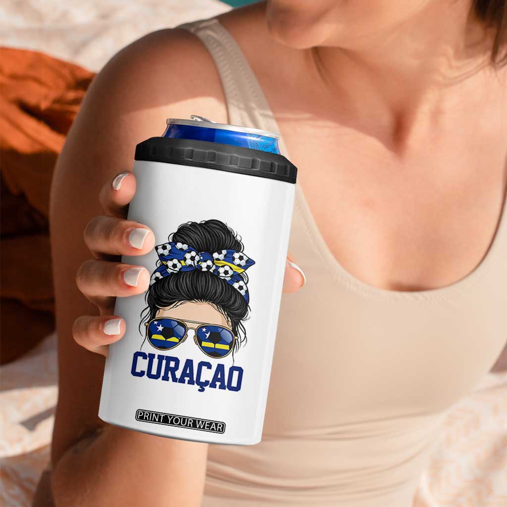 Curacao Soccer Messy Bun Girl 4 in 1 Can Cooler Tumbler Proud Curacaoan Heritage Gift
