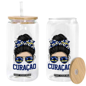 Curacao Soccer Messy Bun Girl Glass Can Proud Curacaoan Heritage Gift