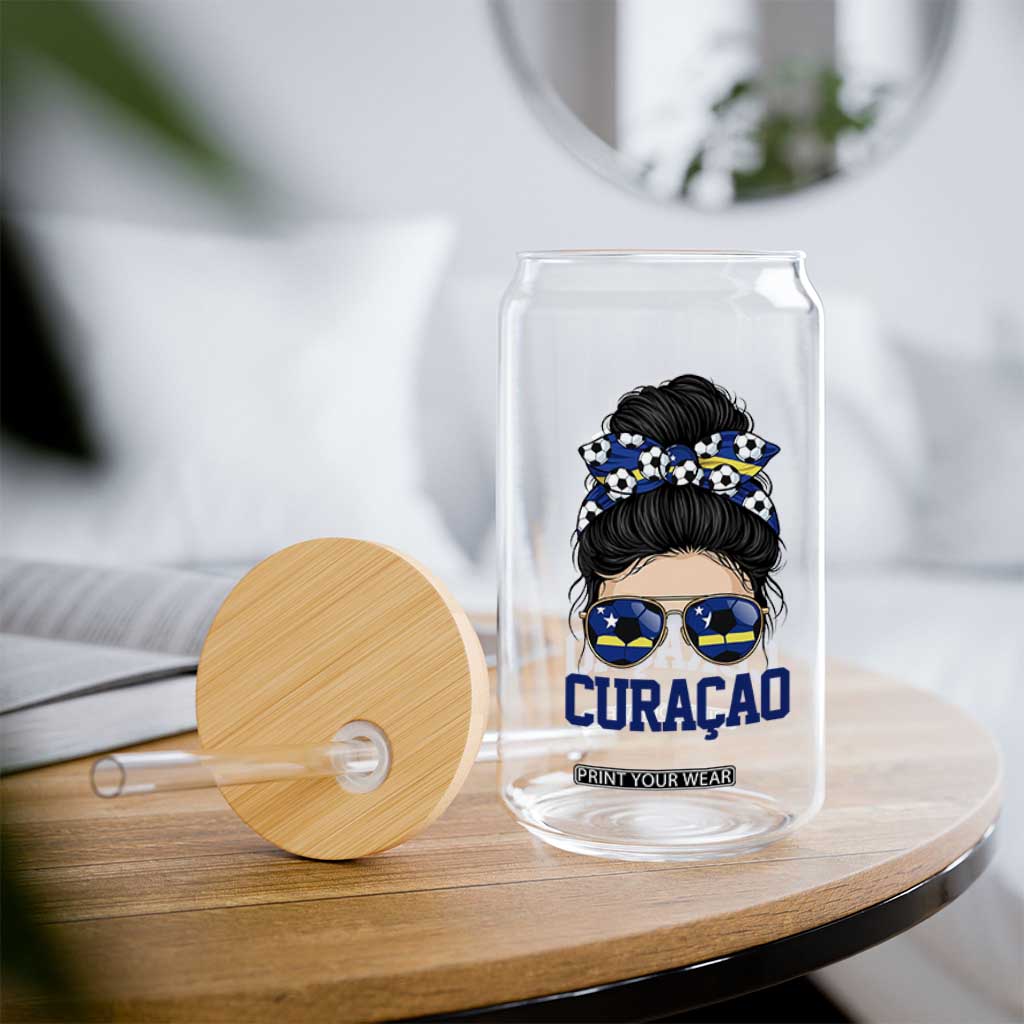 Curacao Soccer Messy Bun Girl Glass Can Proud Curacaoan Heritage Gift