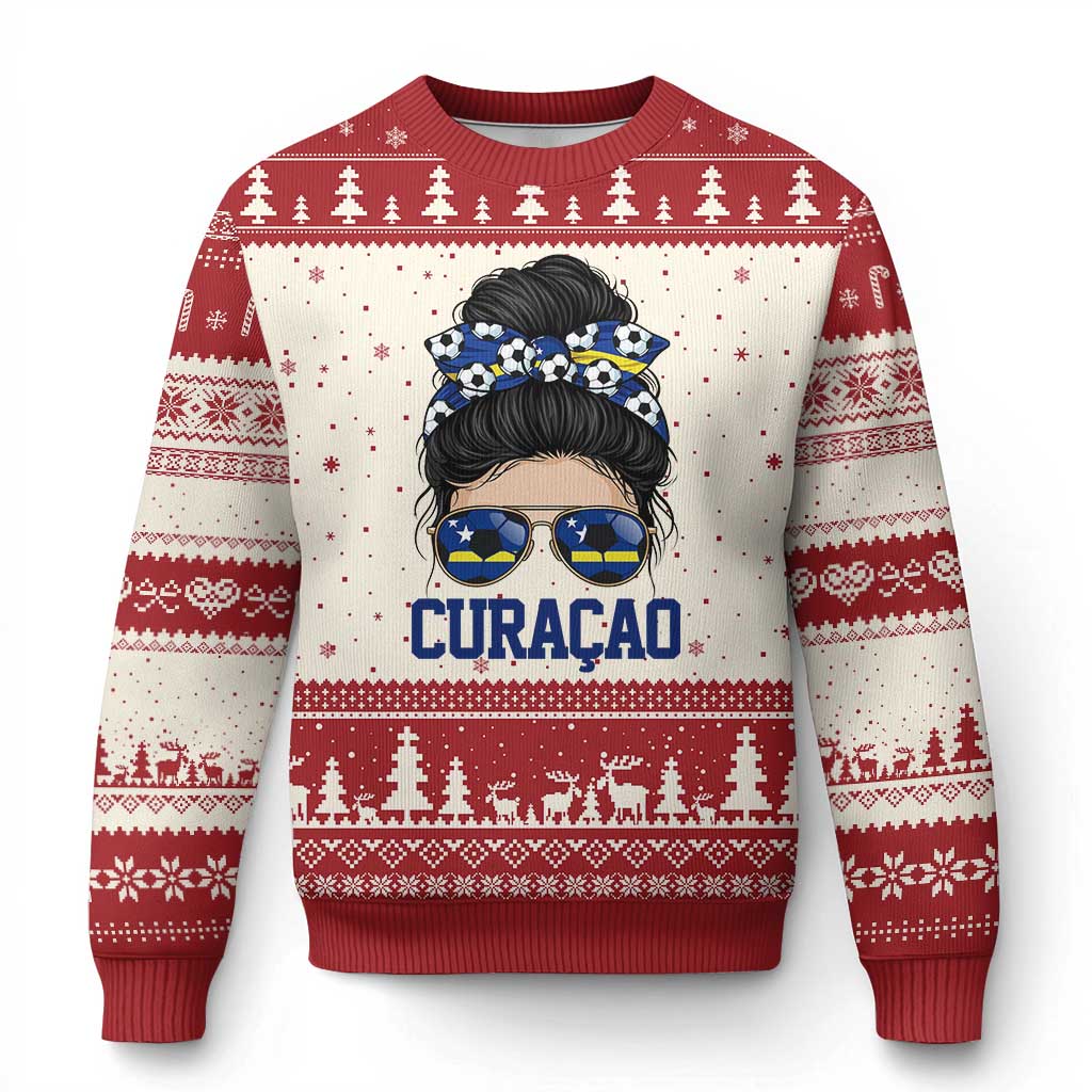 Curacao Soccer Messy Bun Girl Ugly Christmas Sweater Proud Curacaoan Heritage Gift