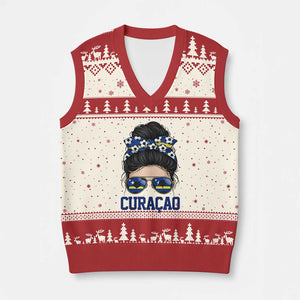 Curacao Soccer Messy Bun Girl V-Neck Knit Sweater Vest Proud Curacaoan Heritage Gift