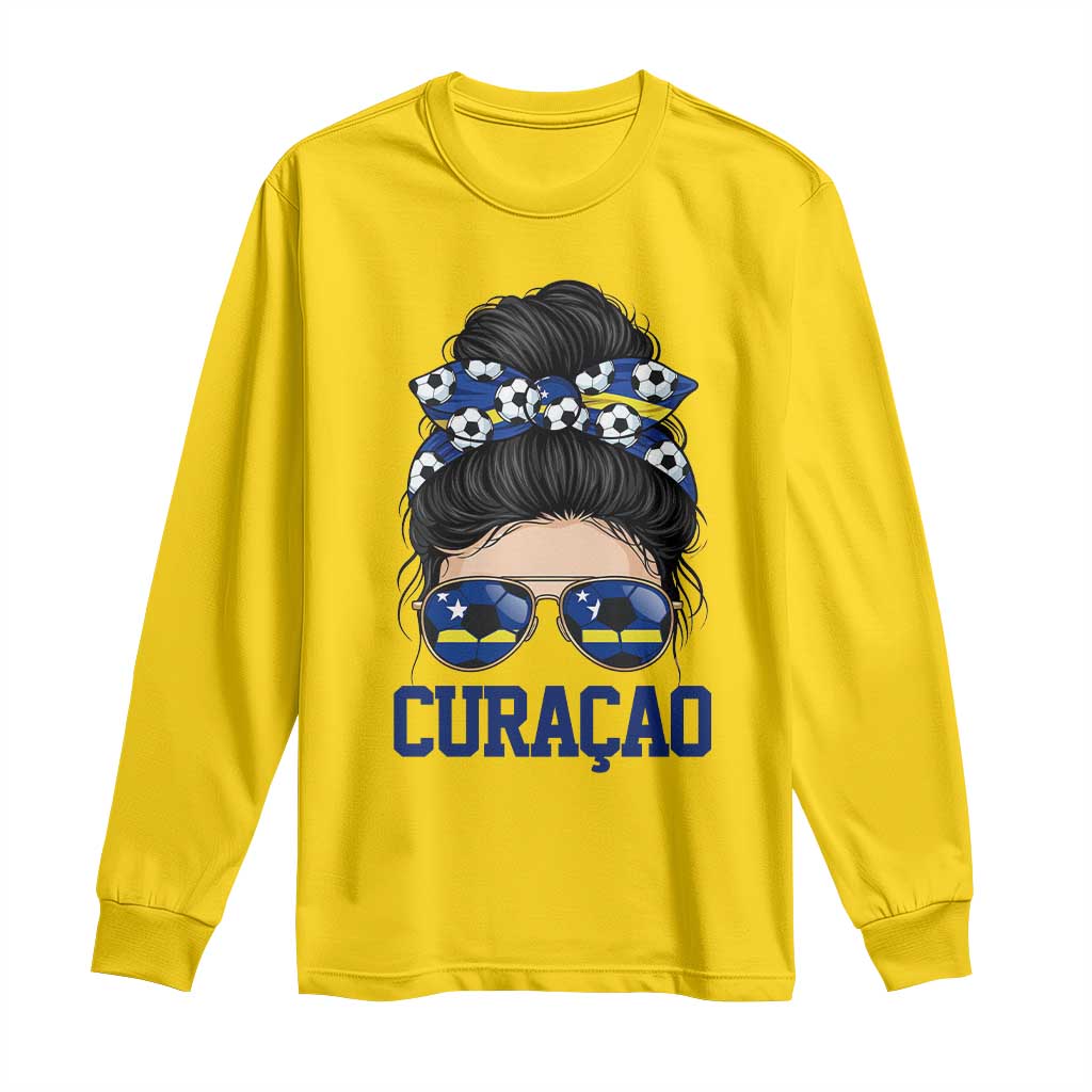 Curacao Soccer Messy Bun Girl Long Sleeve Shirt Proud Curacaoan Heritage Gift