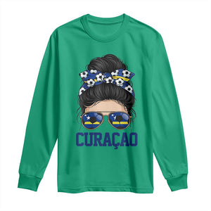 Curacao Soccer Messy Bun Girl Long Sleeve Shirt Proud Curacaoan Heritage Gift