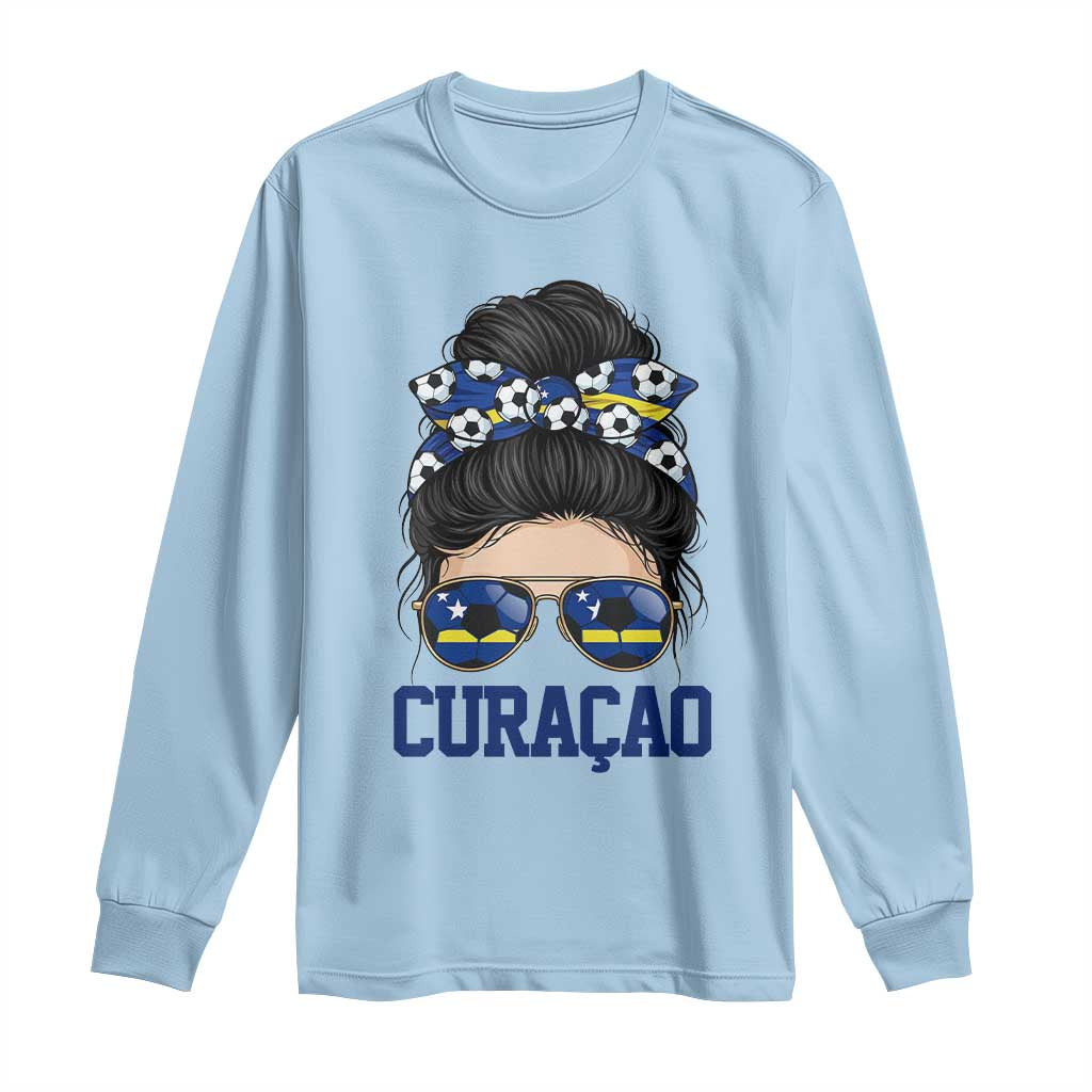 Curacao Soccer Messy Bun Girl Long Sleeve Shirt Proud Curacaoan Heritage Gift