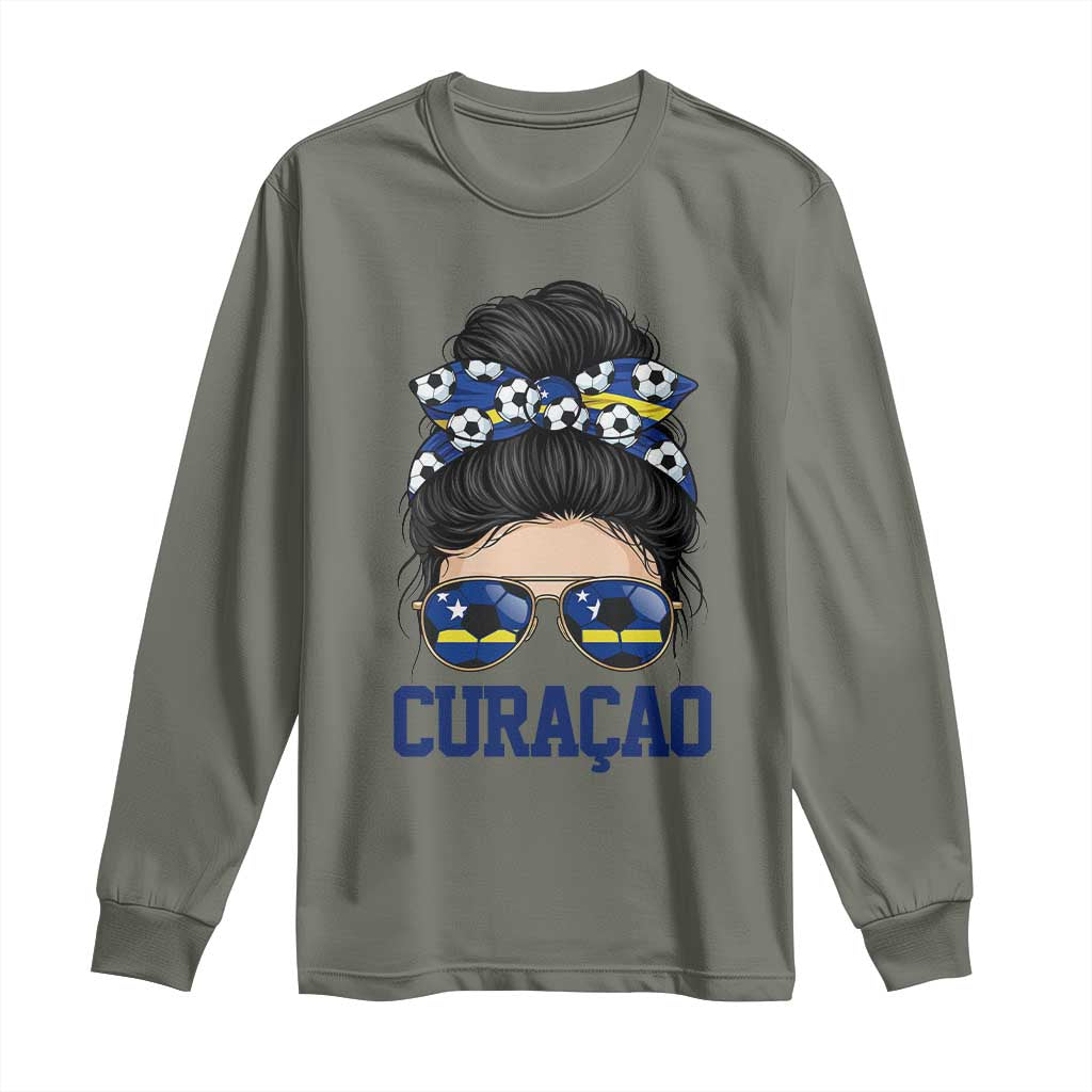 Curacao Soccer Messy Bun Girl Long Sleeve Shirt Proud Curacaoan Heritage Gift