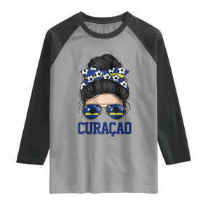 Curacao Soccer Messy Bun Girl Raglan Shirt Proud Curacaoan Heritage Gift