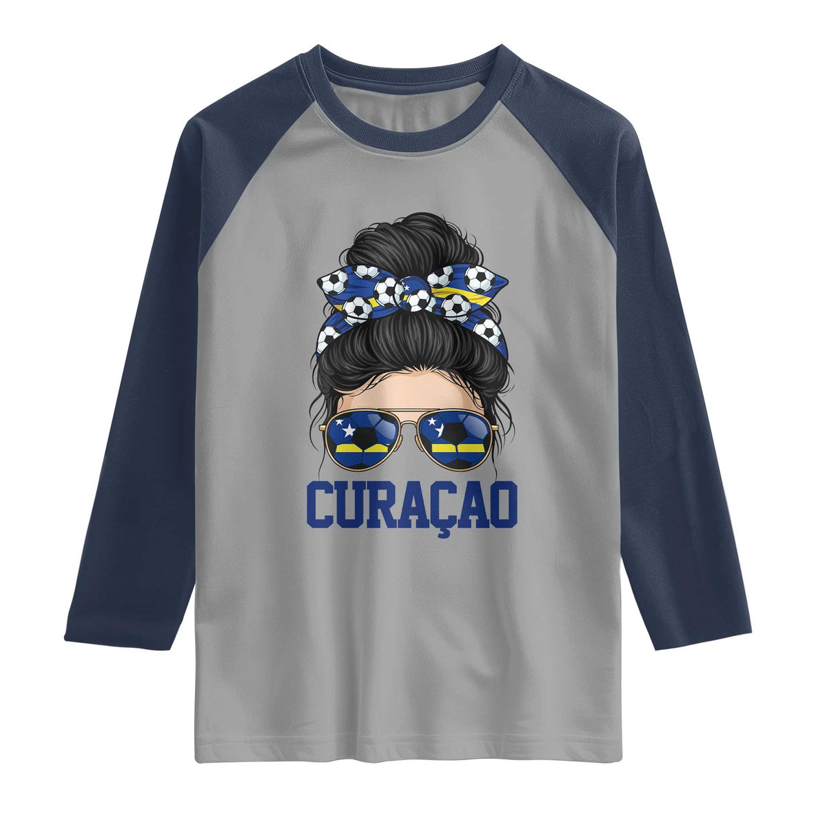 Curacao Soccer Messy Bun Girl Raglan Shirt Proud Curacaoan Heritage Gift