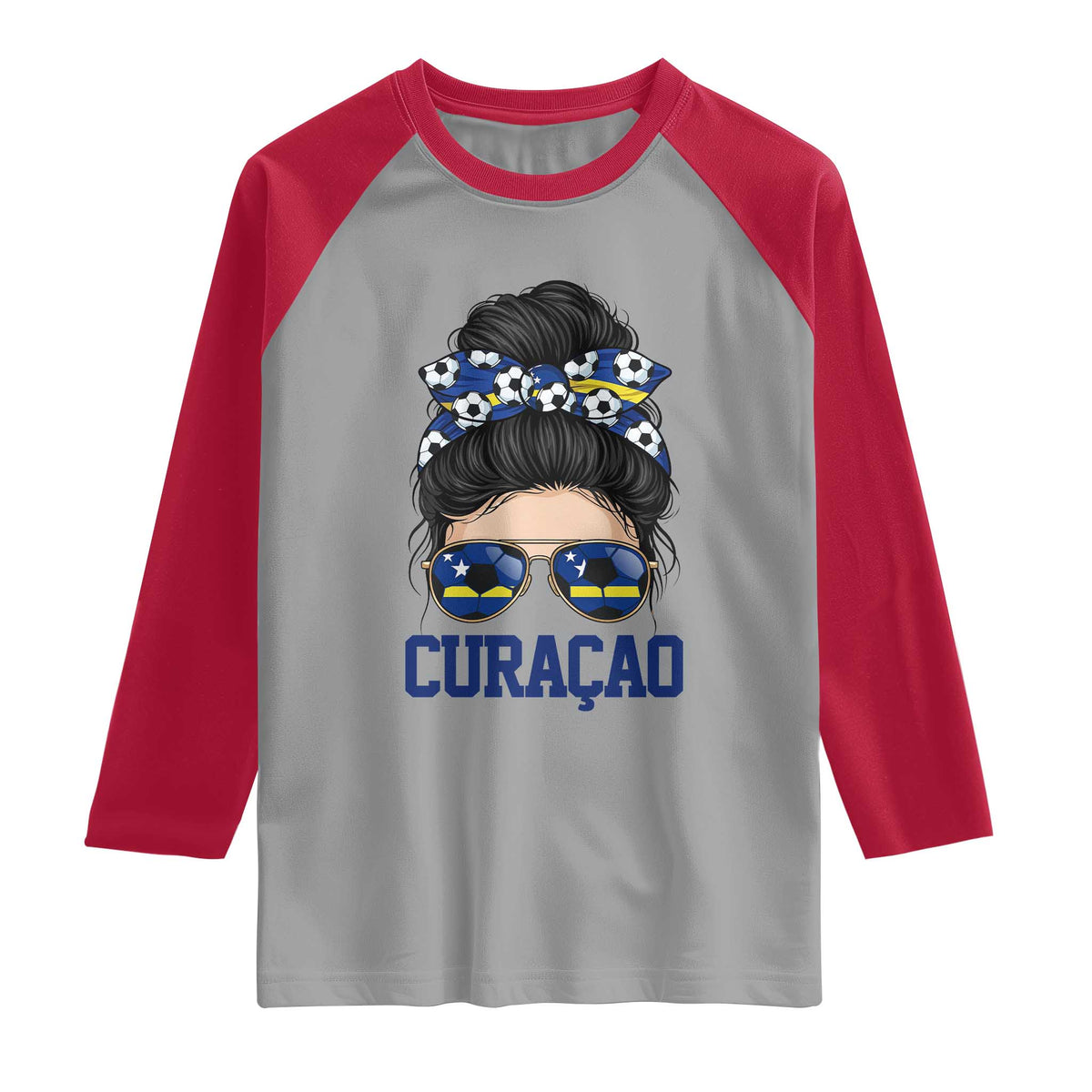 Curacao Soccer Messy Bun Girl Raglan Shirt Proud Curacaoan Heritage Gift