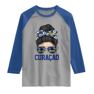 Curacao Soccer Messy Bun Girl Raglan Shirt Proud Curacaoan Heritage Gift