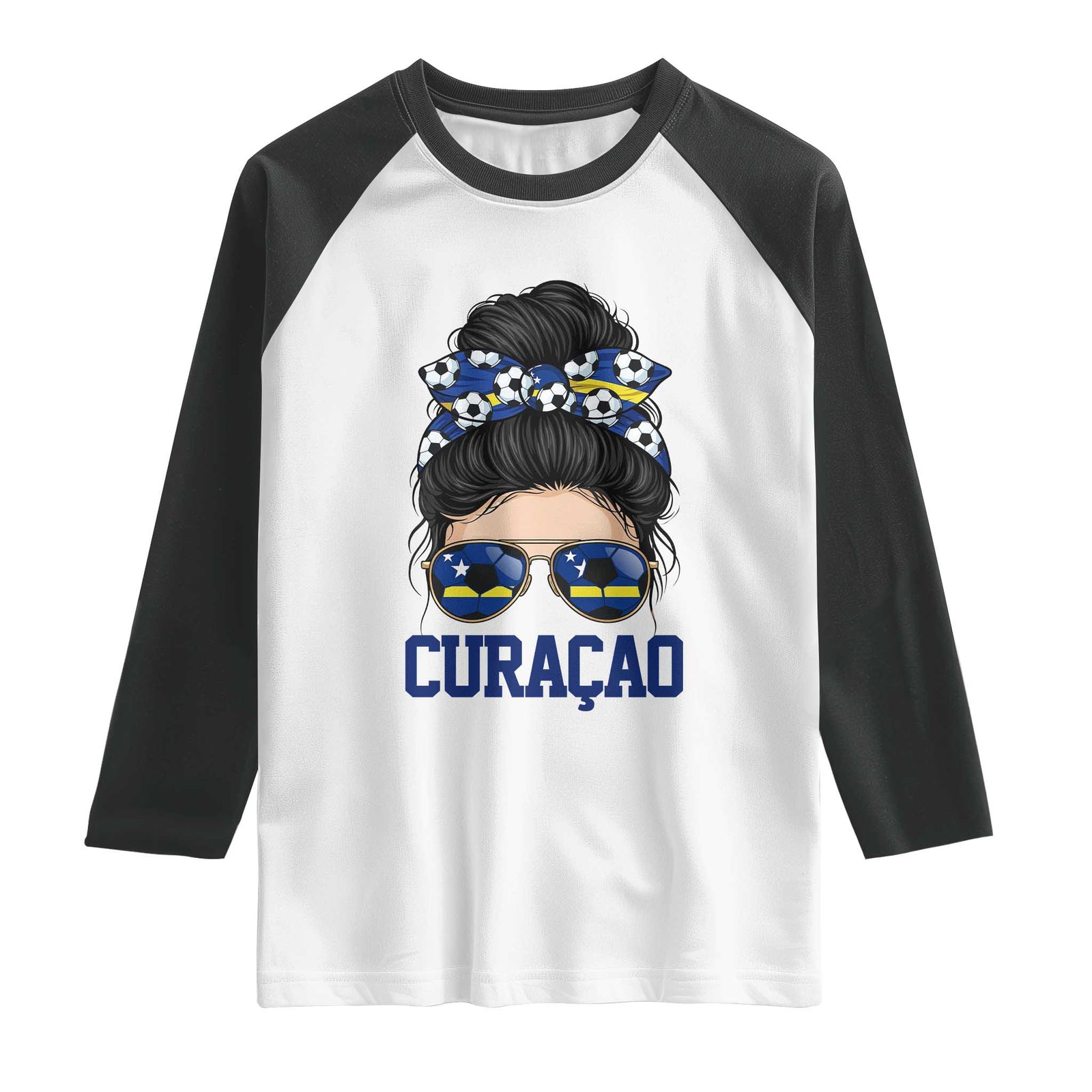 Curacao Soccer Messy Bun Girl Raglan Shirt Proud Curacaoan Heritage Gift TS12 White Black Print Your Wear