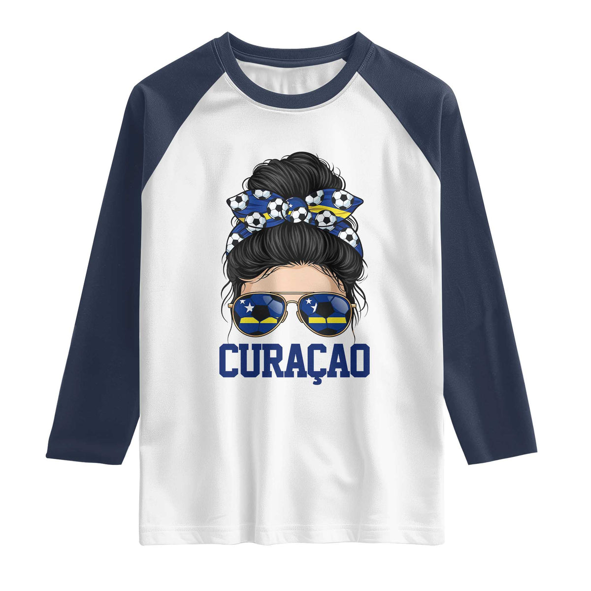 Curacao Soccer Messy Bun Girl Raglan Shirt Proud Curacaoan Heritage Gift