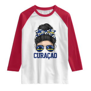 Curacao Soccer Messy Bun Girl Raglan Shirt Proud Curacaoan Heritage Gift