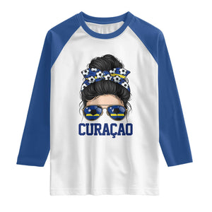 Curacao Soccer Messy Bun Girl Raglan Shirt Proud Curacaoan Heritage Gift