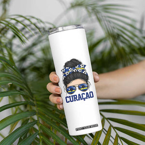 Curacao Soccer Messy Bun Girl Skinny Tumbler Proud Curacaoan Heritage Gift