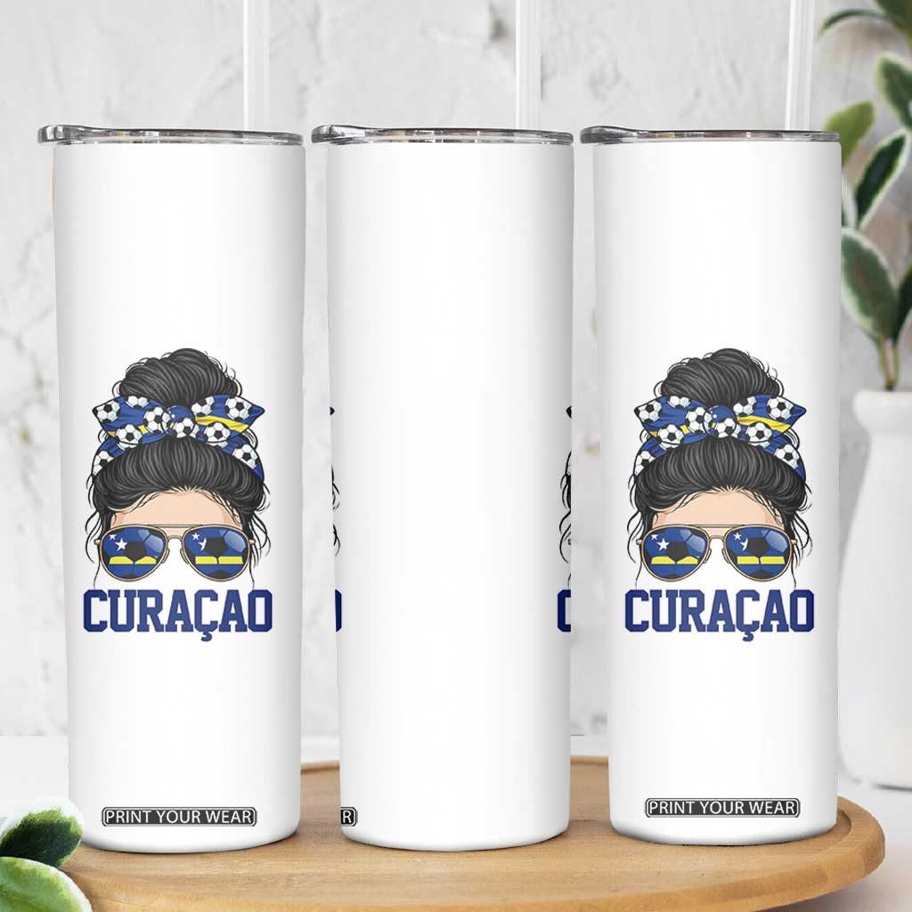 Curacao Soccer Messy Bun Girl Skinny Tumbler Proud Curacaoan Heritage Gift
