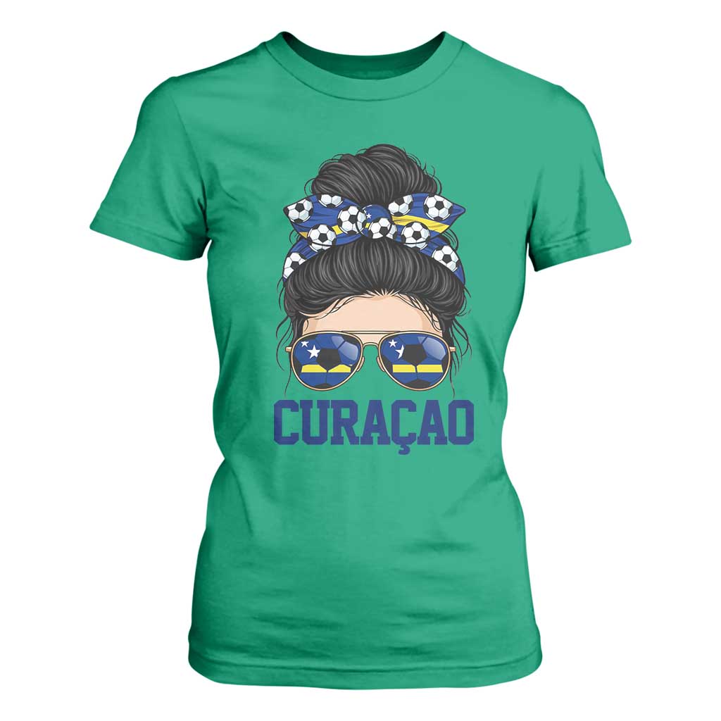Curacao Soccer Messy Bun Girl T Shirt For Women Proud Curacaoan Heritage Gift