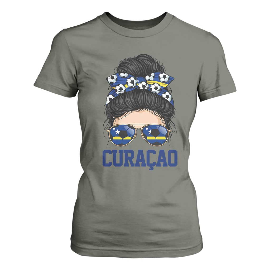 Curacao Soccer Messy Bun Girl T Shirt For Women Proud Curacaoan Heritage Gift