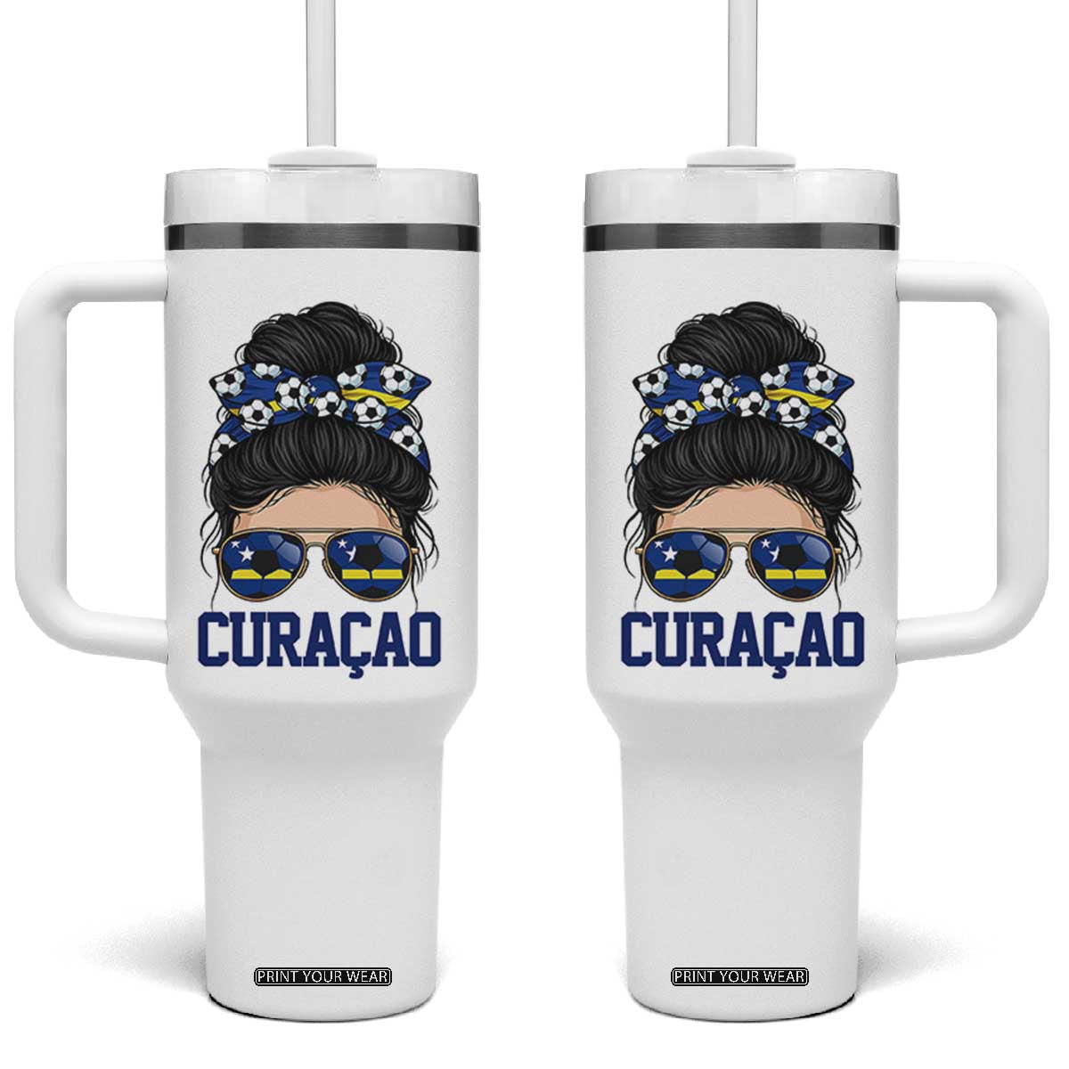 Curacao Soccer Messy Bun Girl Tumbler With Handle Proud Curacaoan Heritage Gift