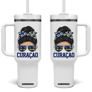 Curacao Soccer Messy Bun Girl Tumbler With Handle Proud Curacaoan Heritage Gift