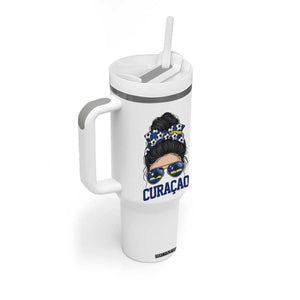 Curacao Soccer Messy Bun Girl Tumbler With Handle Proud Curacaoan Heritage Gift