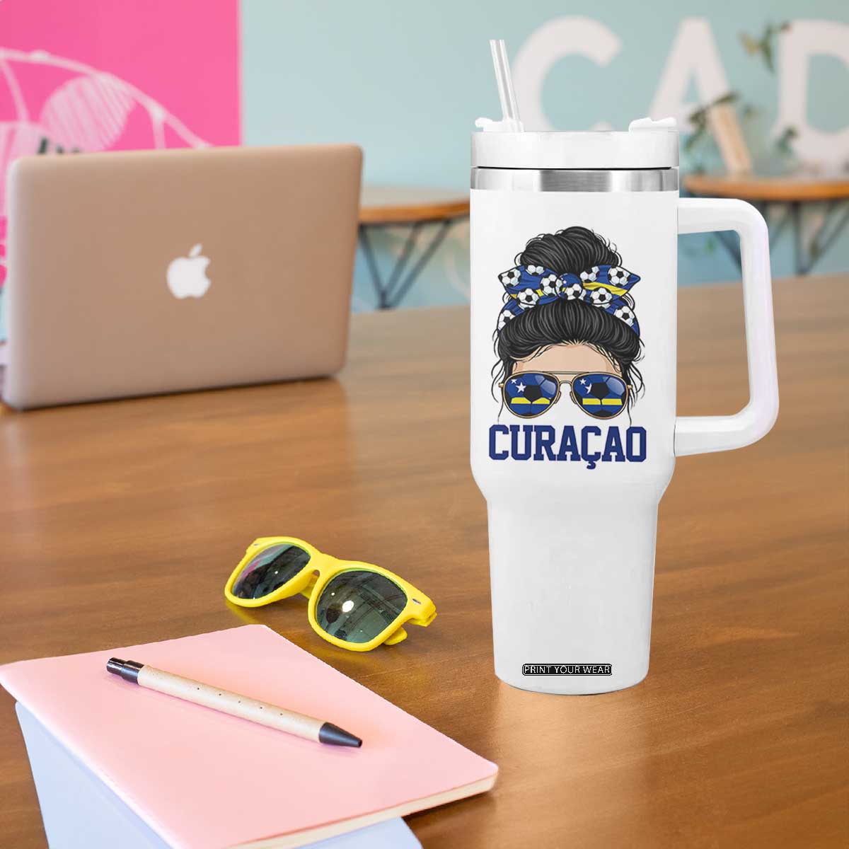 Curacao Soccer Messy Bun Girl Tumbler With Handle Proud Curacaoan Heritage Gift