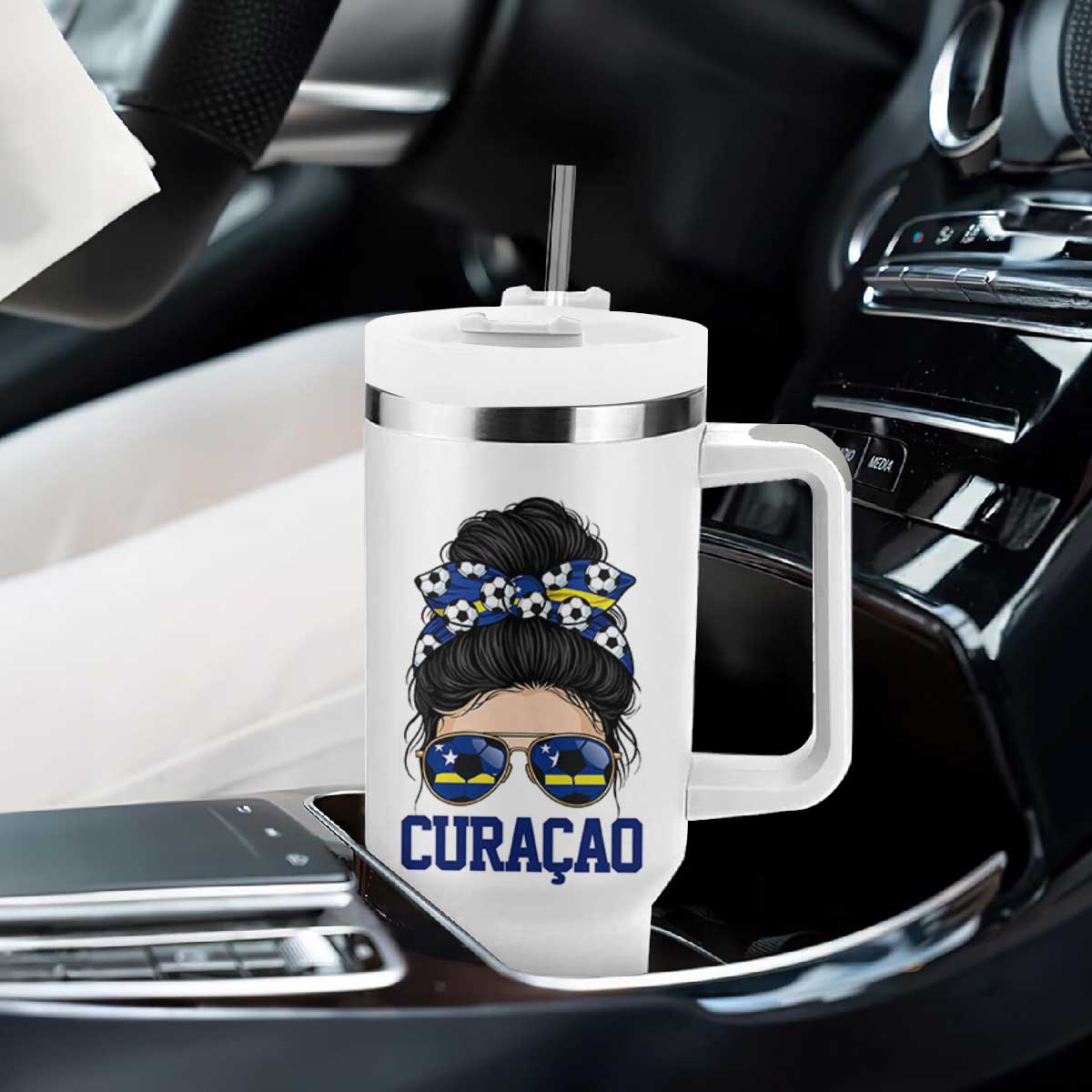 Curacao Soccer Messy Bun Girl Tumbler With Handle Proud Curacaoan Heritage Gift