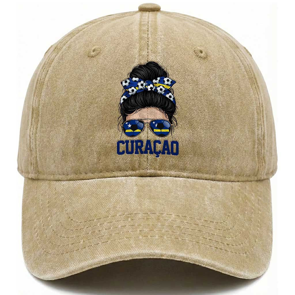 Curacao Soccer Messy Bun Girl Washed Cotton Baseball Cap Proud Curacaoan Heritage Gift