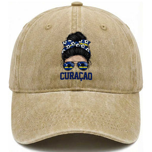 Curacao Soccer Messy Bun Girl Washed Cotton Baseball Cap Proud Curacaoan Heritage Gift