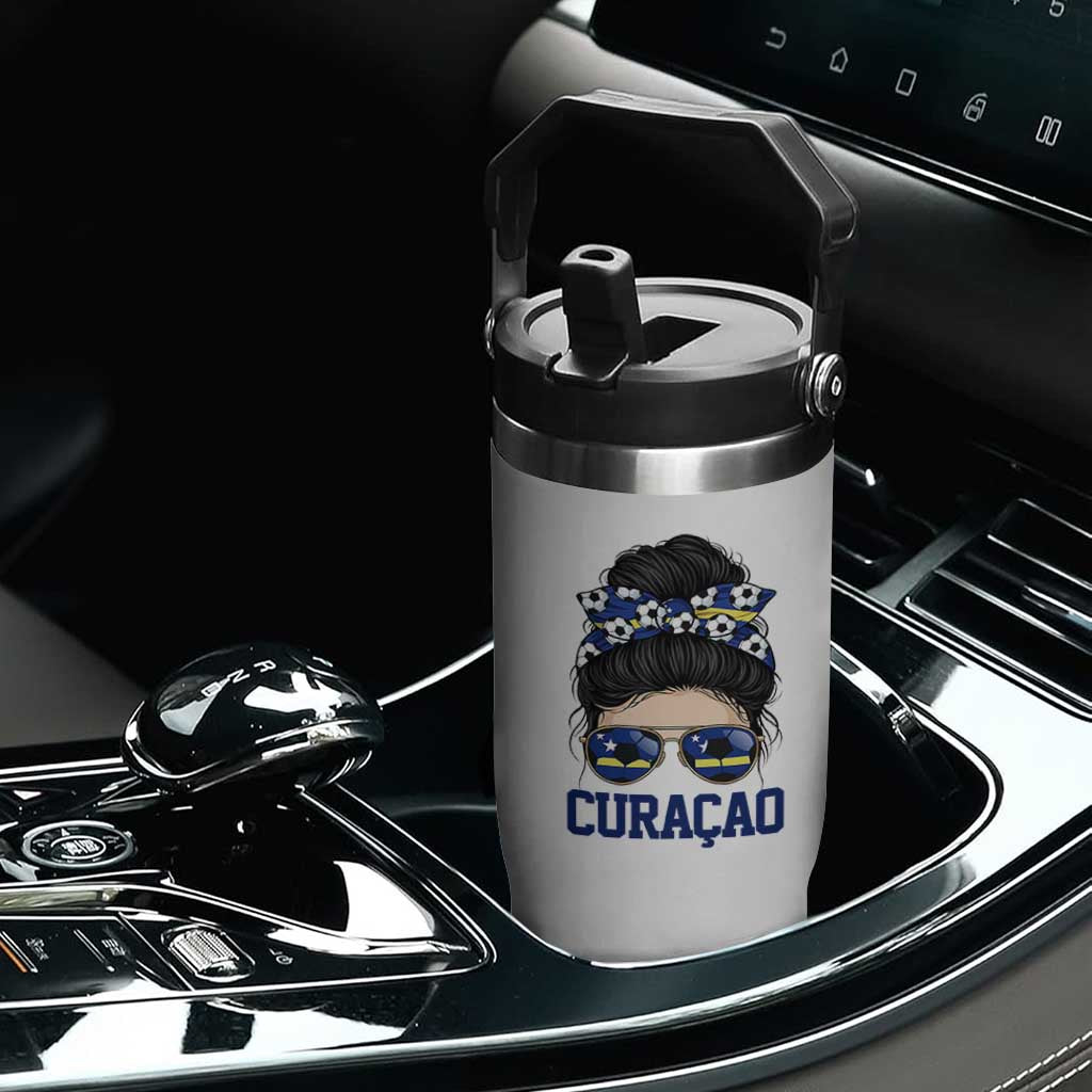 Curacao Soccer Messy Bun Girl Flip Straw Tumbler Proud Curacaoan Heritage Gift