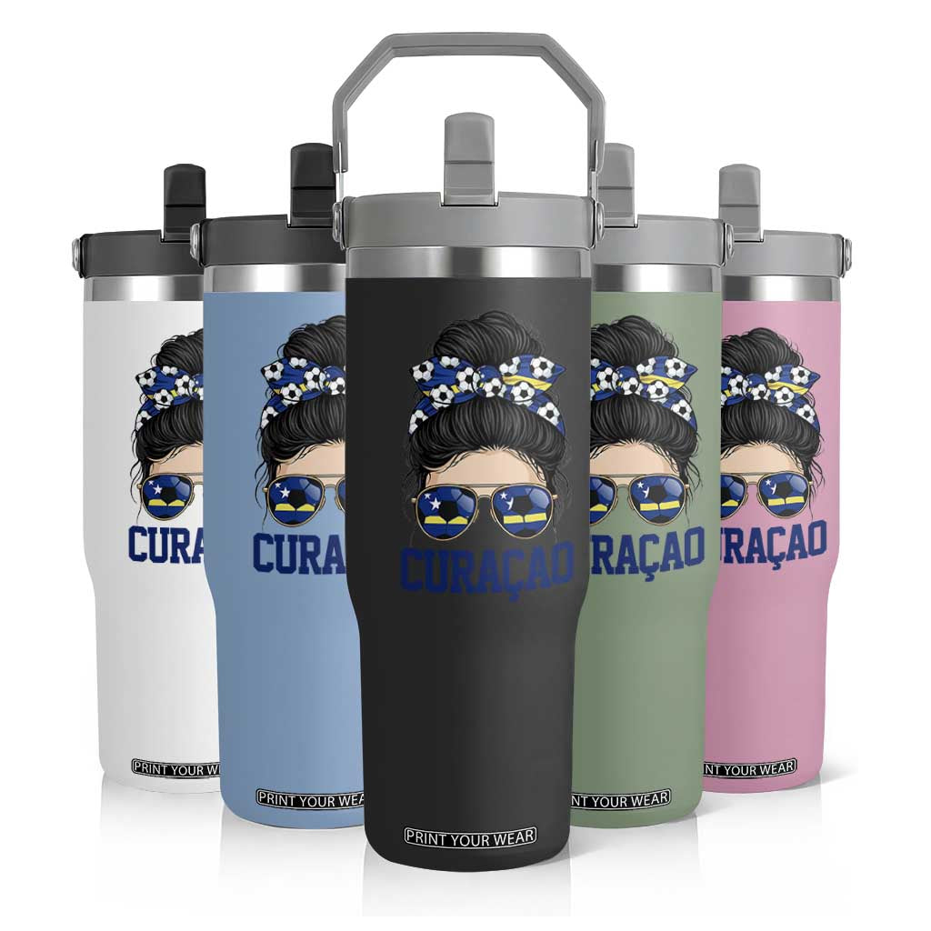 Curacao Soccer Messy Bun Girl Flip Straw Tumbler Proud Curacaoan Heritage Gift