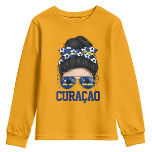 Curacao Soccer Messy Bun Girl Youth Sweatshirt Proud Curacaoan Heritage Gift