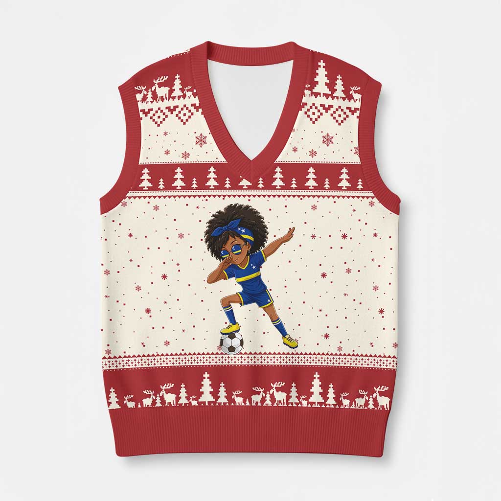 Funny Curacao Soccer Girl V-Neck Knit Sweater Vest Dabbing Football Fan Gift TS12 Beige Red Print Your Wear