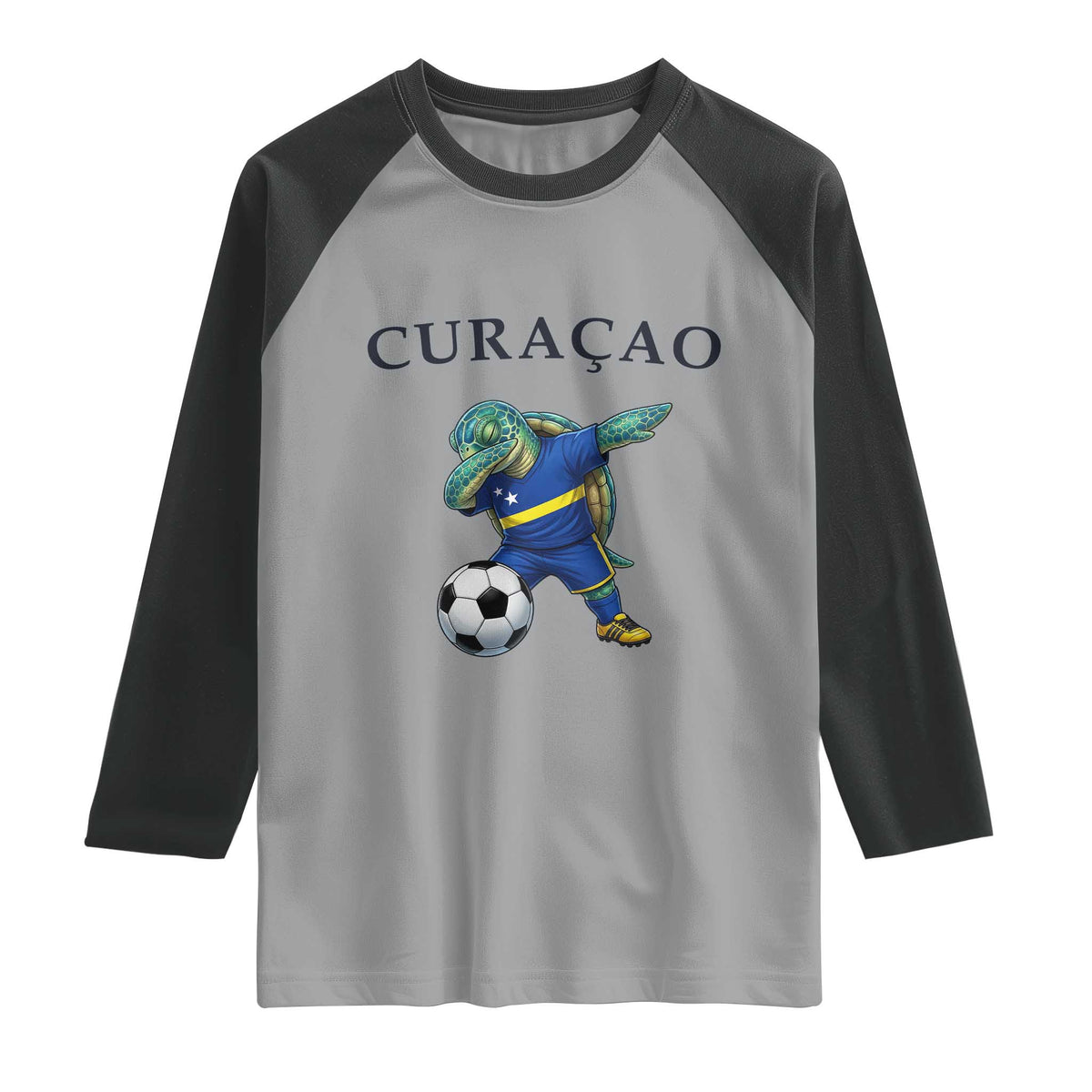 Funny Dabbing Sea Turtle Curaçao Soccer Fan Raglan Shirt Caribbean Pride Graphic