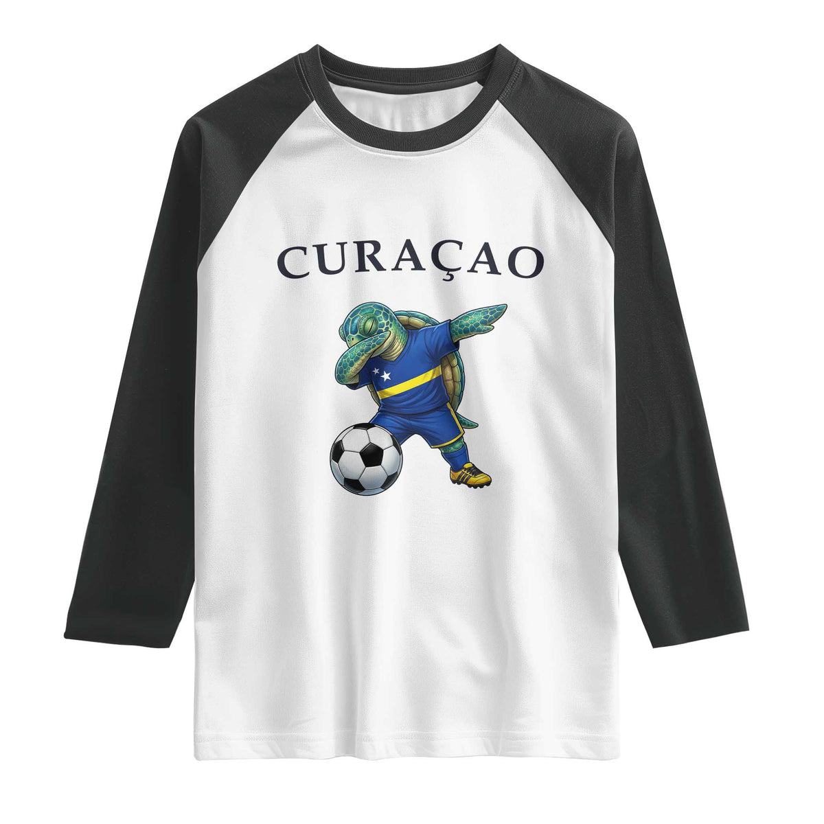 Funny Dabbing Sea Turtle Curaçao Soccer Fan Raglan Shirt Caribbean Pride Graphic