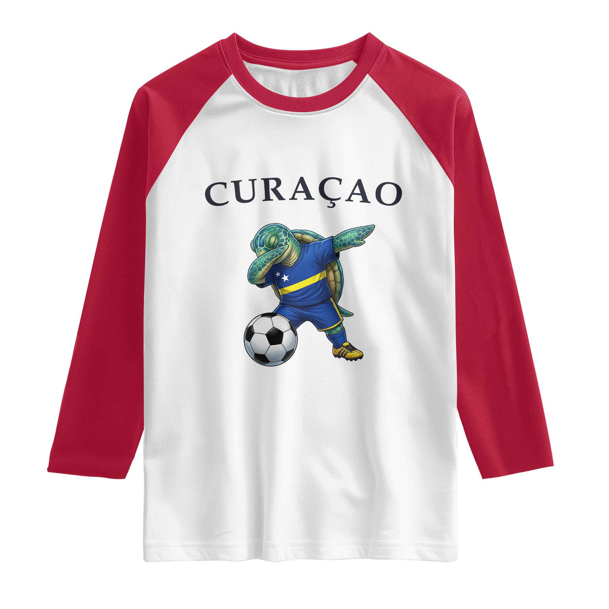 Funny Dabbing Sea Turtle Curaçao Soccer Fan Raglan Shirt Caribbean Pride Graphic