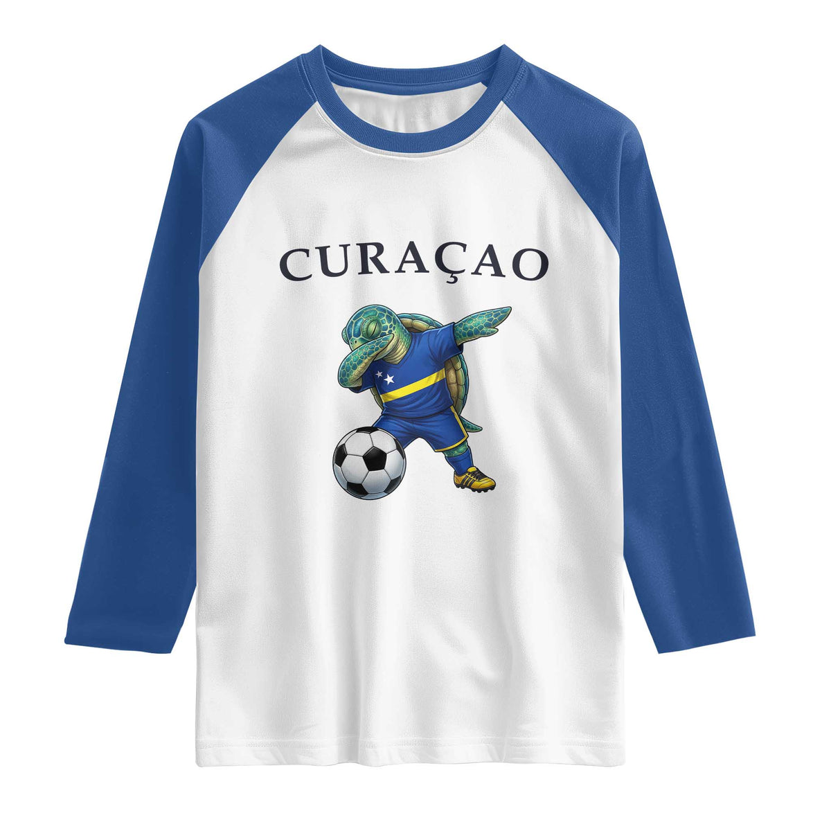 Funny Dabbing Sea Turtle Curaçao Soccer Fan Raglan Shirt Caribbean Pride Graphic