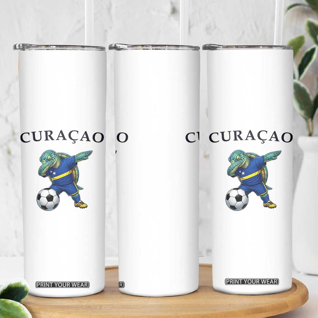 Funny Dabbing Sea Turtle Curaçao Soccer Fan Skinny Tumbler Caribbean Pride Graphic