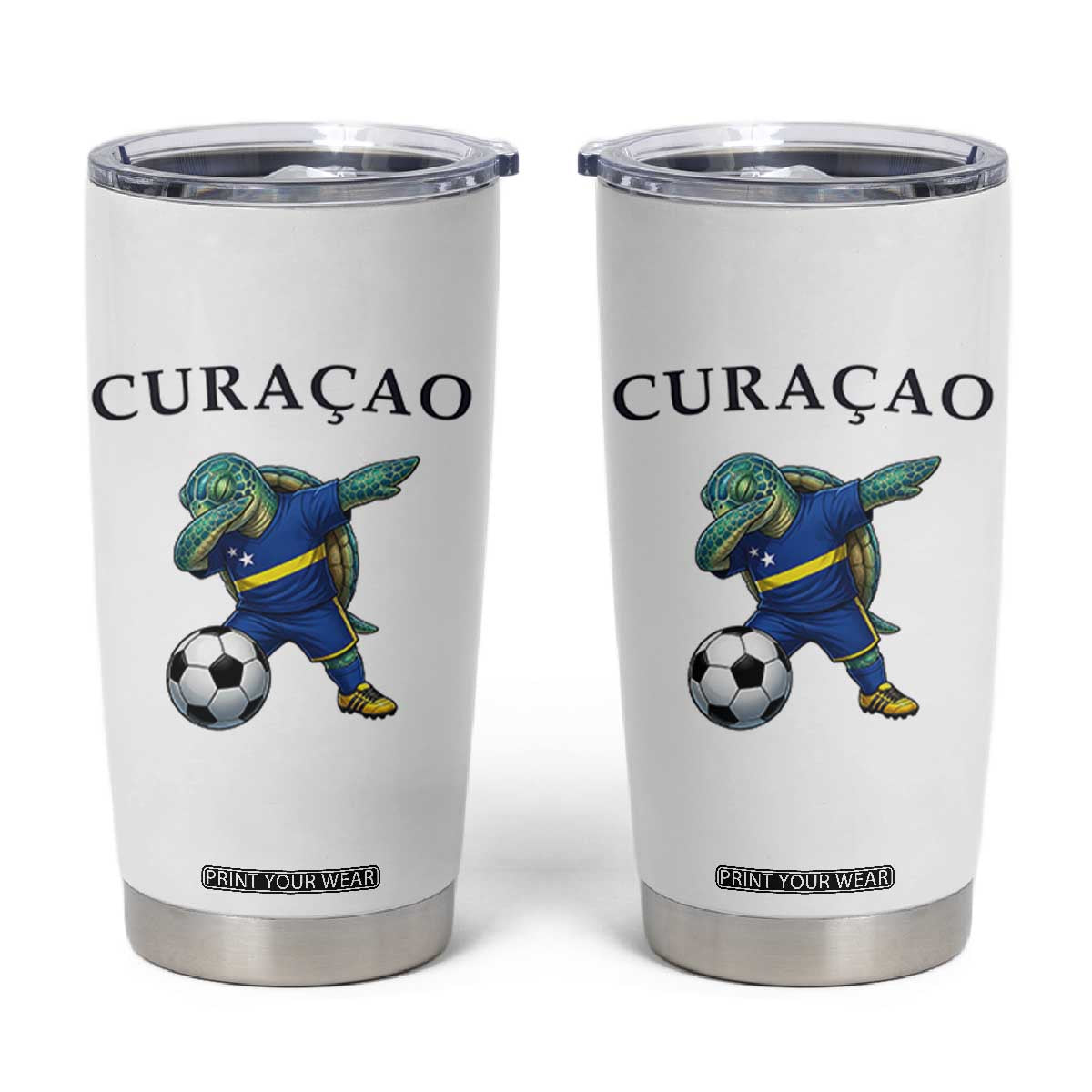Funny Dabbing Sea Turtle Curaçao Soccer Fan Tumbler Cup Caribbean Pride Graphic