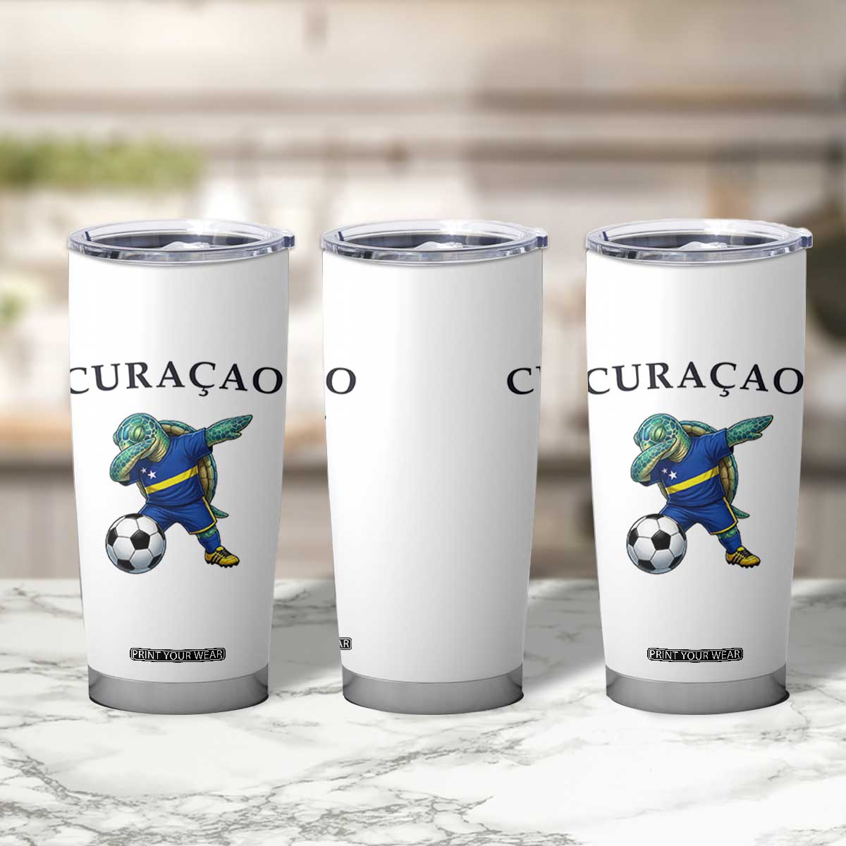 Funny Dabbing Sea Turtle Curaçao Soccer Fan Tumbler Cup Caribbean Pride Graphic