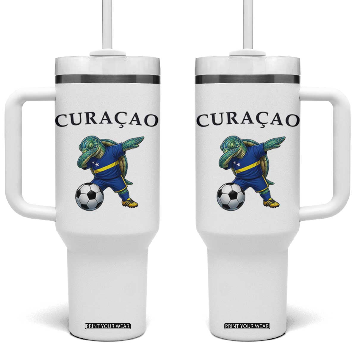 Funny Dabbing Sea Turtle Curaçao Soccer Fan Tumbler With Handle Caribbean Pride Graphic