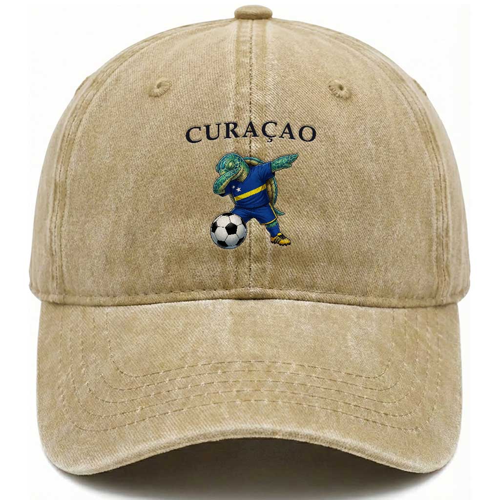 Funny Dabbing Sea Turtle Curaçao Soccer Fan Washed Cotton Baseball Cap Caribbean Pride Graphic TS12 Print Your Wear