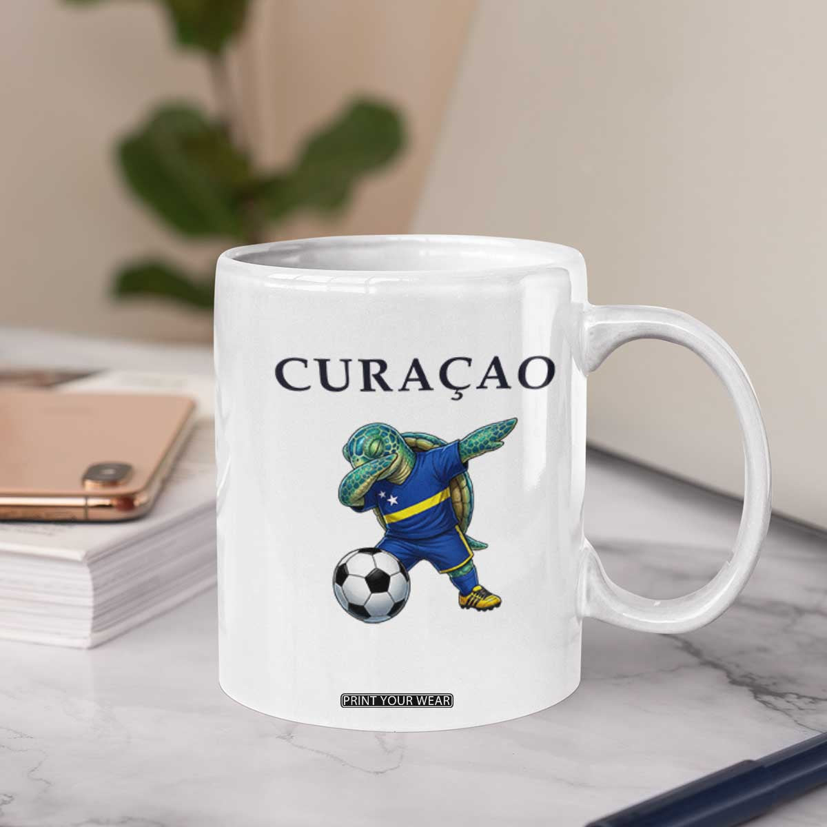 Funny Dabbing Sea Turtle Curaçao Soccer Fan Coffee Mug Caribbean Pride Graphic