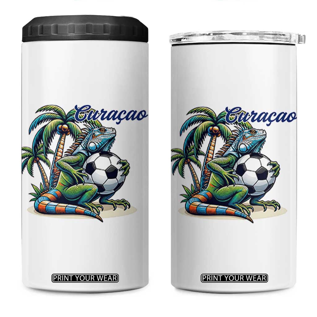 Funny Curaçao Iguana Soccer Fan 4 in 1 Can Cooler Tumbler Caribbean Pride Football Graphic