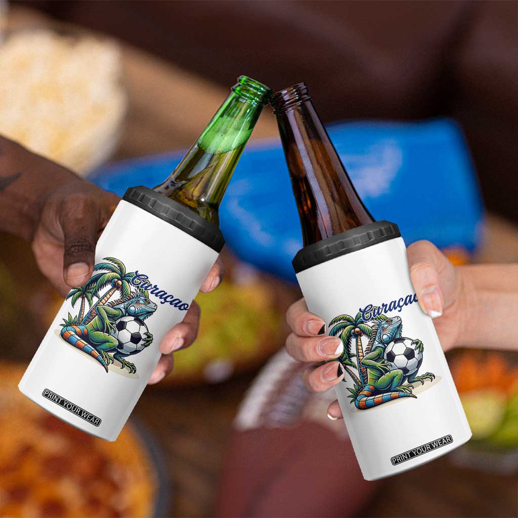 Funny Curaçao Iguana Soccer Fan 4 in 1 Can Cooler Tumbler Caribbean Pride Football Graphic