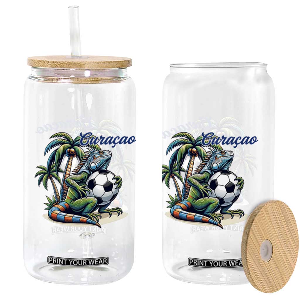 Funny Curaçao Iguana Soccer Fan Glass Can Caribbean Pride Football Graphic