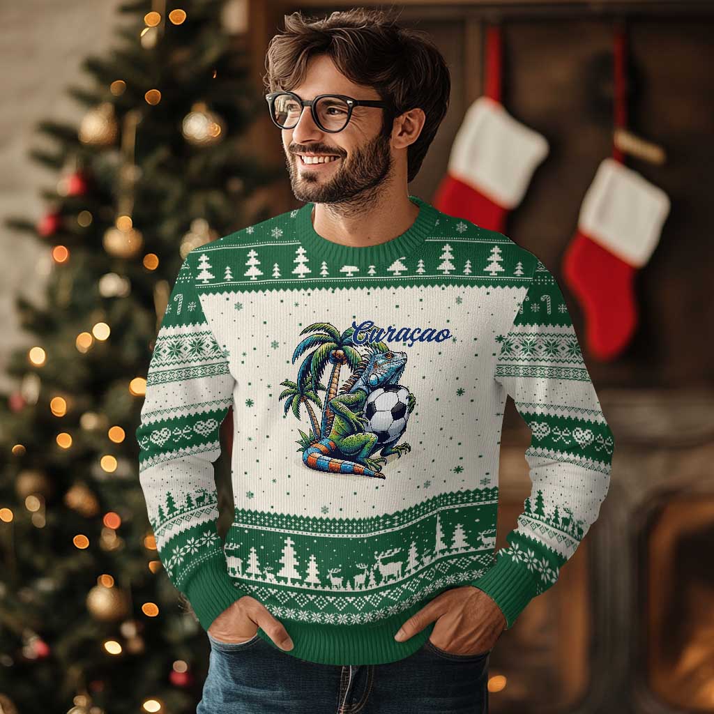 Funny Curaçao Iguana Soccer Fan Ugly Christmas Sweater Caribbean Pride Football Graphic