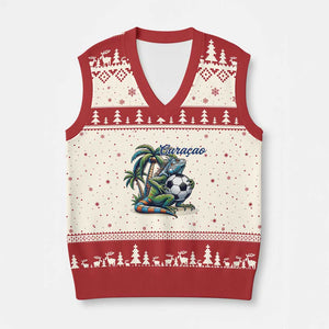 Funny Curaçao Iguana Soccer Fan V-Neck Knit Sweater Vest Caribbean Pride Football Graphic