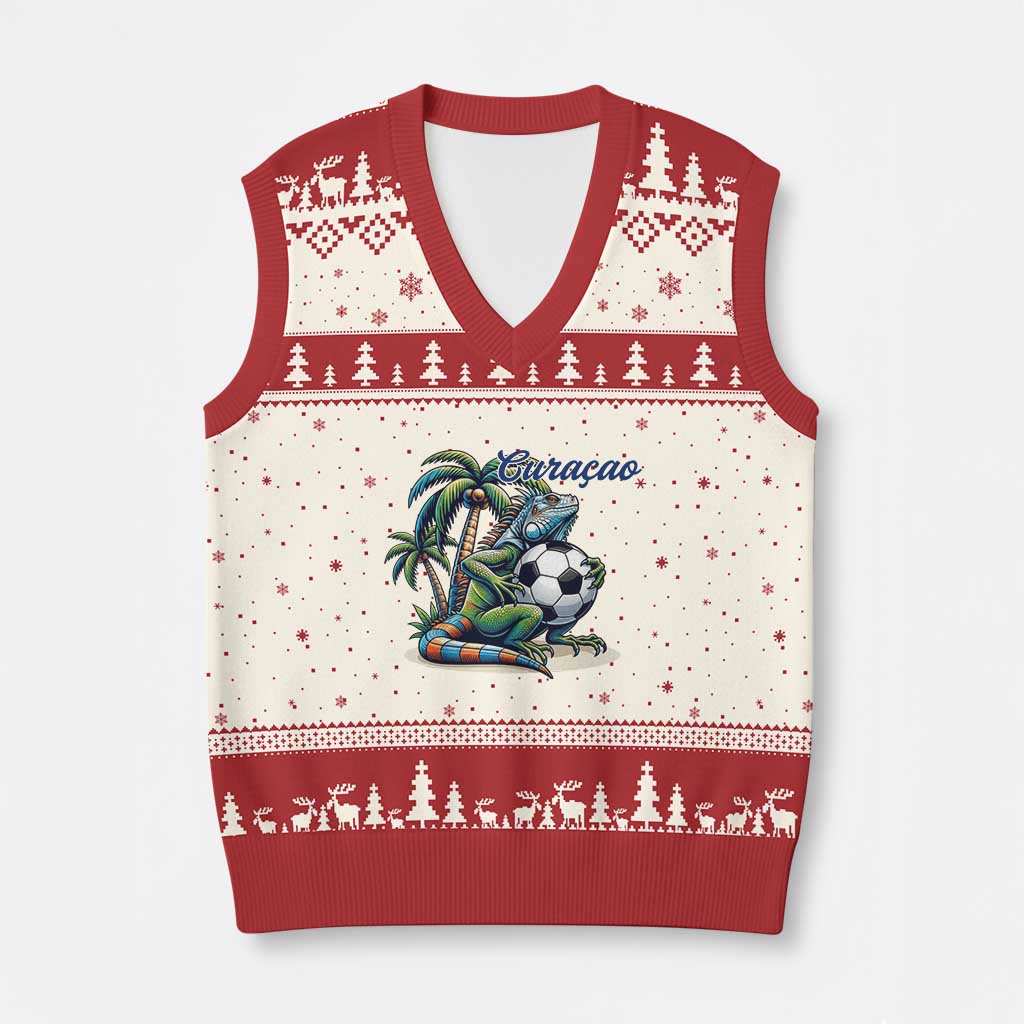 Funny Curaçao Iguana Soccer Fan V-Neck Knit Sweater Vest Caribbean Pride Football Graphic TS12 Beige Red Print Your Wear